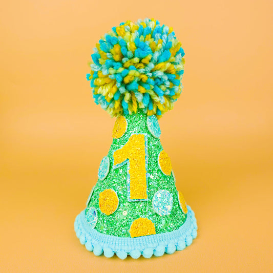 Dog Party Hat | Spotty Blue Green Yellow | Australia - Fluffy Pup Club